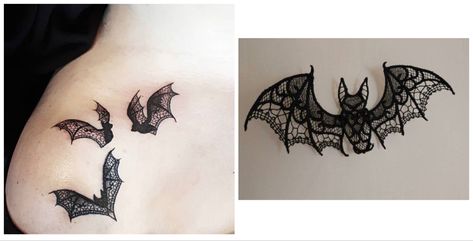 Bat With Lace Wings Tattoo, Bat Shoulder Tattoos For Women, Goth Ankle Tattoo, Floral Bat Tattoo, Lace Bat Tattoo, Bats Tattoo, Skin Doodles, Bat Tattoos, Lace Tattoos