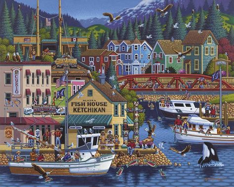 On this day in 1867 the United States took possession of the Alaskan Territory from Russia. There are some great stories and places to explore in what has become a wonderful state of the Union. Here is the first city of Alaska Ketchikan depicted. Get up there and catch some fish see some glaciers and enjoy the vast wilderness. . . #Alaska #AlaskaDay #UnitedStates #GreatAlaskan #Ketchikan #Fishing Stadium Art, Ketchikan Alaska, Americana Art, Green Backdrops, American Painting, Building Art, 500 Piece Puzzles, Puzzle Art, Naive Art