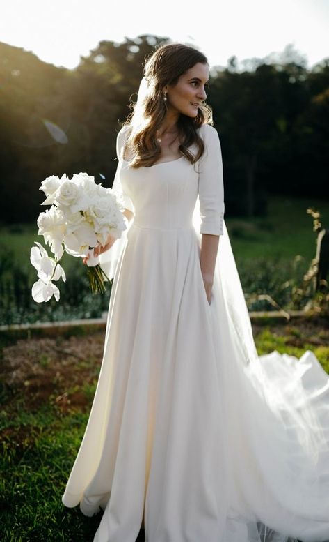 Long Sleeve A Line Wedding Dress Simple, Modest Plain Wedding Dresses, Classic Wedding Dress Timeless Classy Modest, Simple Form Fitting Wedding Dress With Sleeves, Long Sleeve Lace Wedding Dress Modest, Long Sleeve Sweetheart Wedding Dress, Wedding Dresses Christian Bride, Modest Summer Wedding Dresses, Simple Modest Wedding Dresses Classy