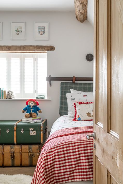 Cotswolds Cottage | Cotswold Interior Design | Lara Clarke Interiors Headboard Fabric, Cottage Nursery, Country Cottage Interiors, Children's Bedroom Ideas, Whimsical Bedroom, Cotswolds Cottage, Mulberry Home, Vintage Trunks, Paddington Bear