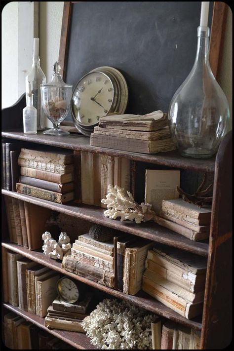 Antique Book Display, Farmhouse Parlor, Old Shelves, Antique Farmhouse Decor, Rustic Bookshelf, Rustic Bookcase, Styling Shelves, Library Inspiration, Bookcase Styling