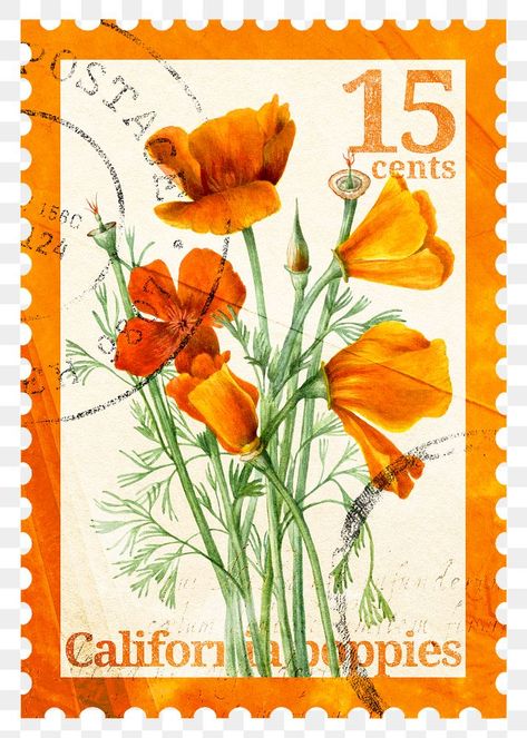 Vintage Flower Stamps, California Postage Stamp, California Poppy Stamp Tattoo, California Poster Aesthetic, Vintage Postal Stamps, Orange Journal Ideas, Post Stamp Vintage, Orange Wall Prints, Vintage California Aesthetic