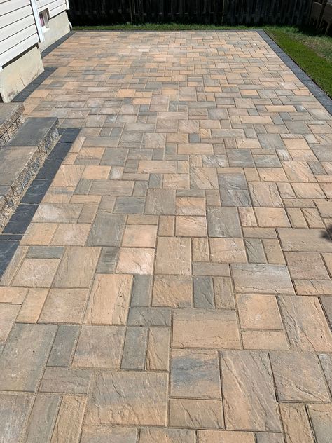 #interlocking #modern #patio #construction #renovation #driveway #landscaping #milton #oakville #burlington Cabin Fire Pit, Fire Pit Yard, Paver Sidewalk, Stamped Concrete Walkway, Landscaping Patio, Paver Ideas, Brick Driveway, Concrete Patio Designs, Patio Steps