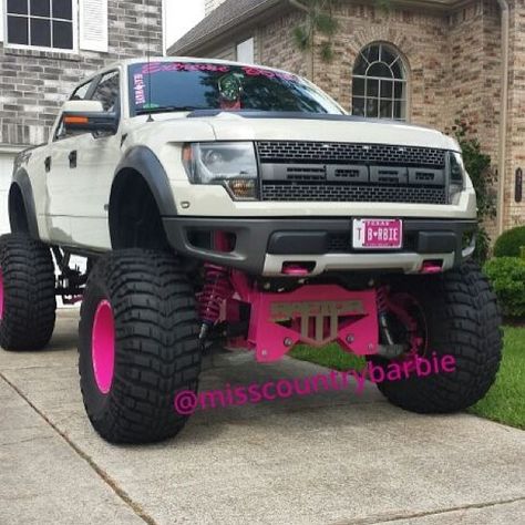 Ford Raptor w/pink lift kit and wheels. My heart is almost complete...it should be a F250 with stacks! Pink Vehicles, Pink Wheels, Ford Girl, Custom Lifted Trucks, Pink Truck, Lifted Truck, Lifted Chevy, Truck Yeah, Jacked Up Trucks