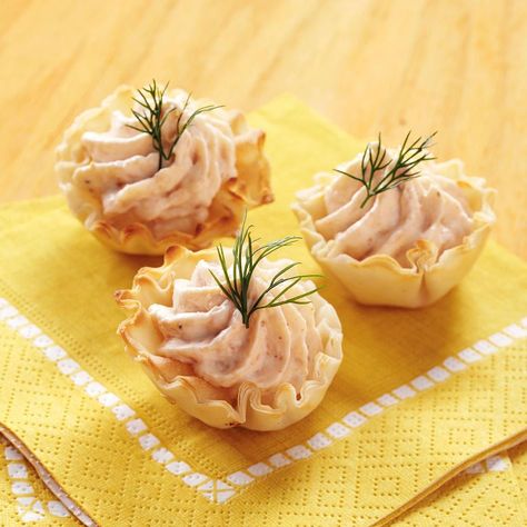 Salmon Mousse Tartlets Recipe -While these tartlets are delicious when baked, the no-bake version is easier to take and serve at a potluck. —Diana Doran, Pittsburgh, Pennsylvania Salmon Mousse Recipes, Frozen Fish Recipes, Smoked Salmon Mousse, Party Appetizer Dips, Salmon Mousse, Phyllo Recipes, Dip Recipes Appetizers, Easter Food Appetizers, Tartlets Recipe