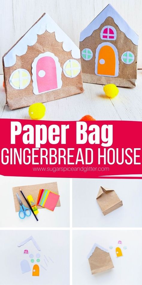 How to make a Paper Bag Gingerbread House craft for kids, using extra brown paper grocery bags or leftover packaging paper. Our free printable gingerbread house template makes decorating these crafts so easy! Gingerbread House Craft For Kids, Paper Bag Gingerbread House, Make A Paper Bag, Gingerbread House Craft, Gingerbread House Template, How To Make A Paper Bag, How To Make Gingerbread, Paper Grocery Bags, Make A Gingerbread House