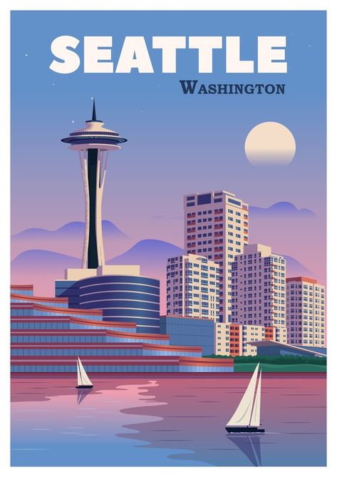 Seattle • Washington ~ NickVectorStudio Seattle Poster, Seattle Travel, Travel Poster Design, Colorado Vacation, Retro Travel Poster, City Illustration, Travel Illustration, Refrigerator Magnet, Vintage Poster Art