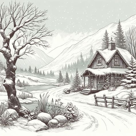 Snowy Scene Drawing, Christmas Drawing Landscape, Snow Background Drawing, Small Village Drawing, Christmas Landscape Drawing, Christmas Town Drawing, Snowy Drawing, Winter Drawings Pencil, Winter Drawing Ideas Sketch