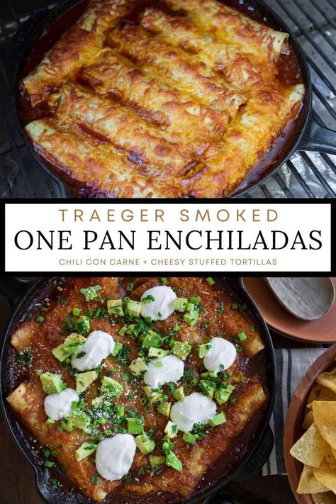 You have to try these smoked enchiladas if you have a Traeger grill or pellet smoker. Cheesy stuffed tortillas are cooked in a one skillet beef chili and topped with plenty of Mexican cheese. Traeger Mexican Recipes, Smoked Mexican Food, Smoked Mexican Recipes, Smoked Enchiladas, Stuffed Tortillas, Recipes For Meatballs, Meatballs Pork, Pork Loin Stuffed, Tex Mex Chili