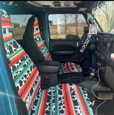 Cow Seat Covers, Aztec Seat Covers, Western Jeep Interior, Car Decorations Interior Cow Print, Fluffy Car Seat Covers, Jeep Wrangler Accessories Cow Print, Cow Print Jeep Wrangler, Teal Truck Accessories, Diy Seat Covers For Car