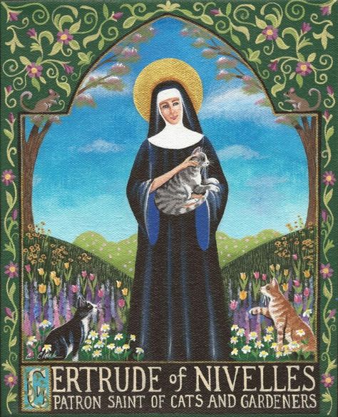 St Gertrude of Nivelles, patron saint of cats and gardens. Gertrude Of Nivelles, Patron Saint Of Cats, Santa Gertrudes, St Gertrude, Arte Folk, Weezer, Catholic Art, Patron Saints, All About Cats