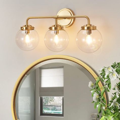 Gold Bathroom Vanity Light, Gold Bathroom Vanity, Bathroom Vanity Light Fixtures, Modern Bathroom Light Fixtures, Farmhouse Vanity Lights, Mid Century Farmhouse, Modern Bathroom Vanity Lighting, Black And Gold Bathroom, Vanity Lights Bathroom