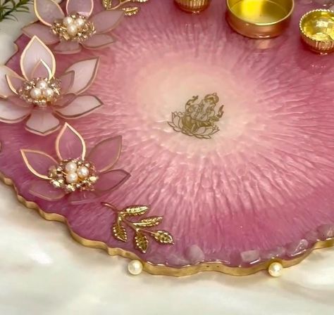 Resin Thali, Diwali Ideas, Puja Thali, Resin Inspiration, Resin Clock, Doll Miniatures, Janmashtami Decoration, Door Hanging Decorations, Pooja Thali