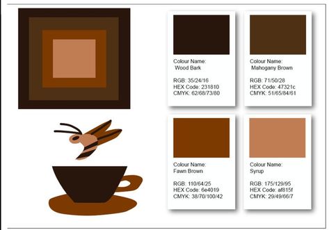 - Starting setting up RGB Values using the Colour Swatch, to write their Hex Codes, RGB Values and CMYK Values. - Testing RGB Values using Complementary Brown Colour Swatch. - I also decided to go with my final Logo Design, Coffee Buzz Logo Design 4. Logo Design Coffee, Wood Bark, Mahogany Brown, Hex Codes, Design Coffee, Brown Colour, Complementary Colors, Color Swatches, Color Names