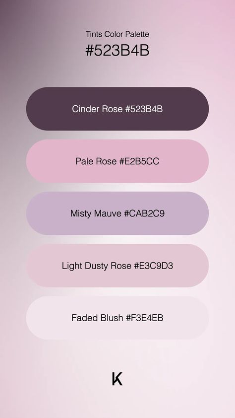 Tints Color Palette Cinder Rose #523B4B · Pale Rose #E2B5CC · Misty Mauve #CAB2C9 · Light Dusty Rose #E3C9D3 · Faded Blush #F3E4EB Cinder Rose, Purple Hex, Colorful Aura, Hex Color Palette, Color Combinations For Clothes, Color Meanings, Kinds Of Colors, Dusty Purple, Soft Rose