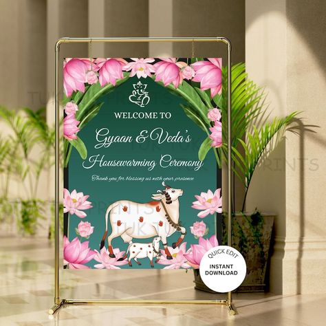 Pichwai Indian housewarming sign, Gruhapravesha Sign, Griha Pravesha Welcome Sign Indian Housewarming, Housewarming Sign, Diy Floral Decor, House Warming Ceremony, Housewarming Decorations, House Warming Invitations, Welcome Boards, Welcome Banner, Welcome Signs