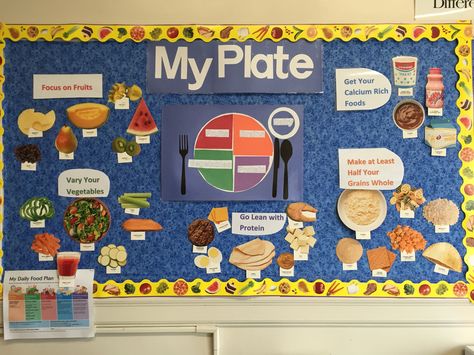 My Plate bulletin board My Food Plate, School Cafeteria Decorations, Healthy Food Plate, Cafeteria Bulletin Boards, Nutrition Bulletin Boards, Cafeteria Decor, Class Board Decoration, Wellness Fair, Ks2 Classroom