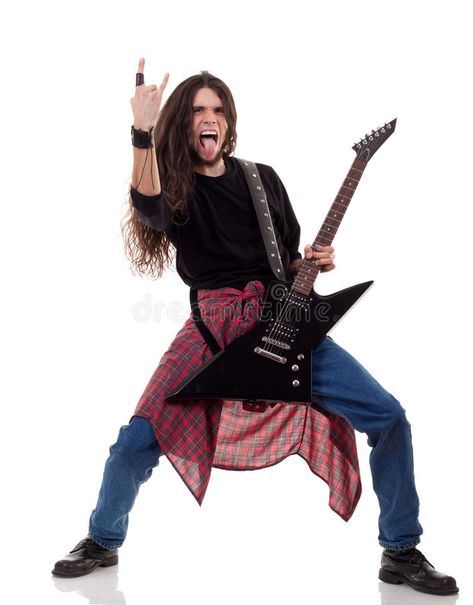 Rock and roll!. Long haired guitarist is playing and making a rock hand gesture , #SPONSORED, #haired, #guitarist, #Long, #Rock, #roll #ad Badass Poses, Musician Photoshoot, Rock Hand Sign, Metalhead Guy, Metal Guitarist, Image Rock, Playing An Instrument, Rock Sign, Playing The Guitar