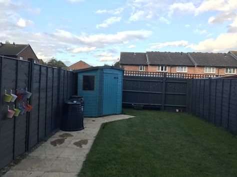 Cuprinol Silver copse fence with beach blue Shed Navy Blue Garden Fence, Silver Copse Fence, Blue Garden Fence, Fence Paint Colours, Blue Shed, Blue Fence, Courtyard Ideas, Small Courtyard, Garden Inspo