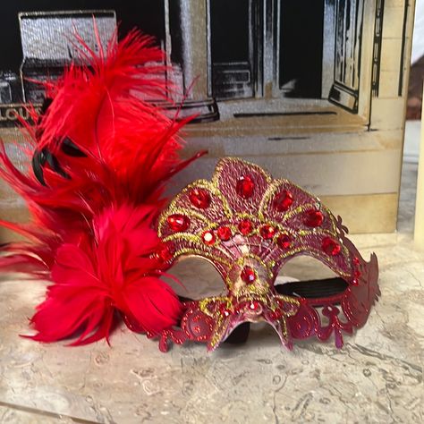 Brand New Red And Gold Masquerade Mask With Glitter With Feathers Perfect For Your Upcoming Halloween Party Masquerade Quinceanera Theme Red, Dark Red Masquerade Mask, Red Masquerade Dress, Masquerade Dress And Mask, Masquerade Party Decorations Theme, Masquerade Quinceanera Ideas, Masquerade Holiday Party, Masquerade Quince, Christmas Masquerade Party