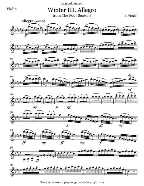 Vivaldi Winter Violin, Vivaldi Four Seasons, Free Guitar Sheet Music, Tenor Saxophone Sheet Music, Vivaldi Winter, Popular Piano Sheet Music, Free Violin Sheet Music, Free Printable Sheet Music, Classical Sheet Music