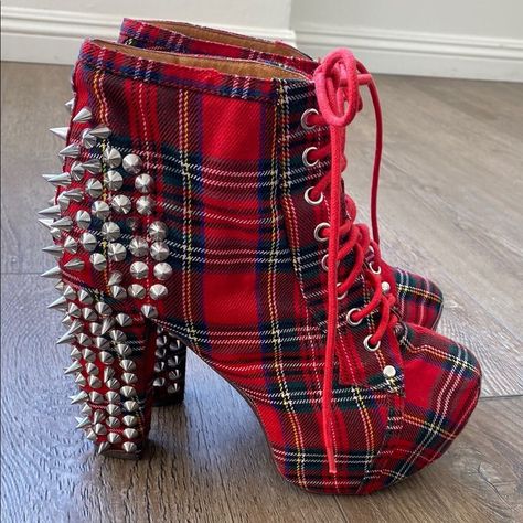 The Infamous Lita Boot By Jeffrey Campbell. Heel Measures 5 1/4” These Are In Great Vintage/Preowned Condition. Jeffery Campbell Lita, Spiked Boots, Jeffrey Campbell Lita, Jeffrey Campbell Boots, Plaid Shoes, Fashion Shoes Boots, Gothic Shoes, Boots Platform, Shoes Boots Ankle