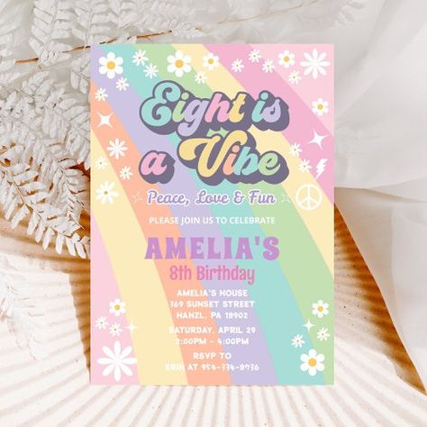 $2.77 | Eight is a vibe birthday invitation #girl birthday, girly birthday invitation, groovy invitation, rainbow, 70 70's 70 s, vintage birthday invite, daisy, flower power, retro hippie, eighth birthday 8th birthday Nine Is A Vibe Birthday, Teen Birthday Invitations, Girly Birthday, Rainbow Birthday Invitations, 9th Birthday Parties, Teen Birthday, 11th Birthday, Birthday Invitations Girl, Rainbow Birthday