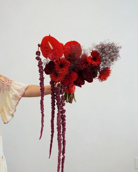 red bouquet • Instagram Red Bridal Flowers Bouquet, Red White Green Bouquet, Red Cascade Bridal Bouquet, Red Wildflower Bouquet, All Red Bouquet, Bridal Bouquets Winter, Red Bouquet Flowers, Red Roses Wedding Bouquet, Wine Wedding Bouquet