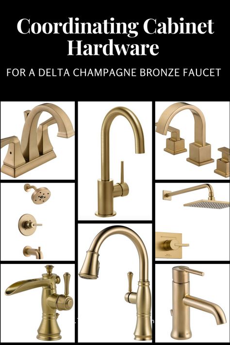 Coordinating Cabinet Hardware for a Delta Champagne Bronze Faucet - The story of my search for the perfect hardware to go with my new Delta Champagne Bronze faucet and my favorite coordinating hardware pieces to help you find your own perfect match! #kitchenremodel #remodel #brass #champagnebronze #kitchenfaucet #kitchenhardware Champagne Bronze Faucet, Champagne Bronze Bathroom, Champagne Bronze Kitchen, Delta Champagne Bronze, Champagne Bronze Hardware, Bronze Cabinet Hardware, Bronze Kitchen, Bronze Fixtures, Bronze Bathroom