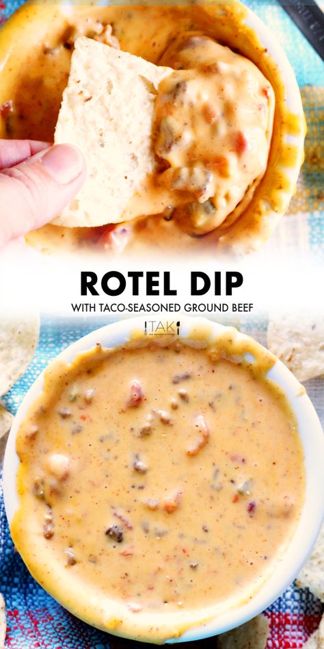 Ground Beef Queso, Crock Pot Queso Dip, Rotel Dip With Ground Beef, Velveeta And Rotel, Queso Velveeta, Dip With Ground Beef, Queso Dip Crockpot, Velveeta Cheese Dip, Cheese Dip Crock Pot