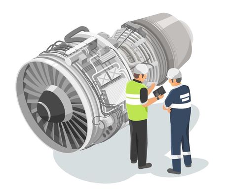 Aircraft engineer planning with mechanician maintenance jet engine engineering technicians checking service airplane turbine diagram isometric isolated on white Aircraft Maintenance Technician, Aircraft Technician, Aircraft Maintenance Engineer, Airplane Wallpaper, Aircraft Maintenance, Aircraft Engine, Jet Engine, Transportation, Aircraft