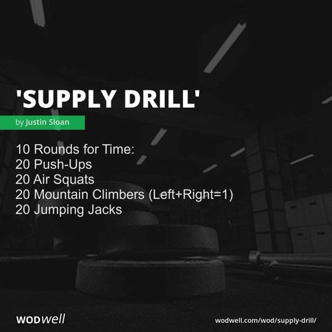 10 Rounds for Time: 20 Push-Ups; 20 Air Squats; 20 Mountain Climbers (Left+Right=1); 20 Jumping Jacks Crossfit Workouts No Equipment, Body Weight Wod, Crossfit Wods, Crossfit Workouts For Beginners, Wods Crossfit, Crossfit Workouts Wod, Crossfit Workouts At Home, Crossfit At Home, Wod Workout