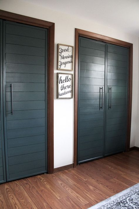 Love this DIY project from Bright Green Door! Shiplap forest green closet doors. So good. Shiplap Doors, Closets Ideas, Modern Closet Doors, House Rehab, French Closet Doors, Bookcase Ideas, Diy Closet Doors, Closet Door Makeover, Door Bookcase