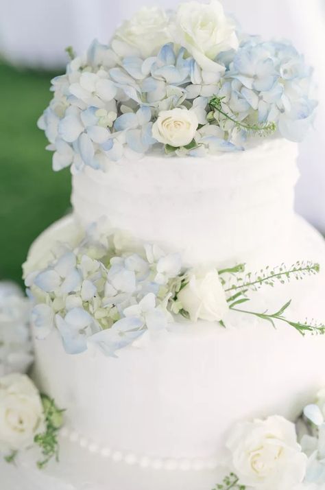 20 Hydrangea Wedding Cake Ideas We Love Wedding Cake With Hydrangeas And Roses, Blue And White Bridal Shower Cake, Wedding Cake With Blue Flowers, White And Blue Wedding Cake, Hydrangea Cake Topper, Simple Buttercream Cake, Cake Hydrangea, Wedding Cake Dusty Blue, Blue Bridal Shower Decorations