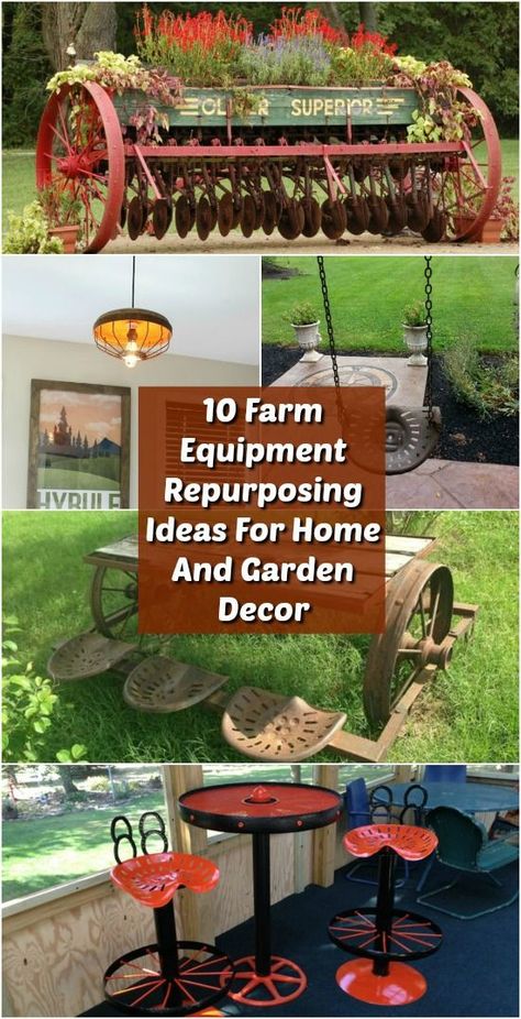 10 Artistic Farm Equipment Repurposing Ideas For Home And Garden Decor  #diy #decor #garden #repurpose #upcycle #reuse #rustic Garden Diy Decoration Ideas, Living Wall Garden, Repurposing Ideas, Garden Decor Diy, Old Farm Equipment, Dekor Diy, Rustic Garden Decor, Decoration Inspiration, Old Farm