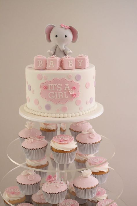 Girl Shower Cake, Baby Elephant Cake, One Tier Cake, Baby Shower Cake Designs, Pink Baby Shower Cake, Elephant Baby Shower Cake, Baby Shower Girl Diy, Pastel Baby Shower, Baby Shower Cakes Girl