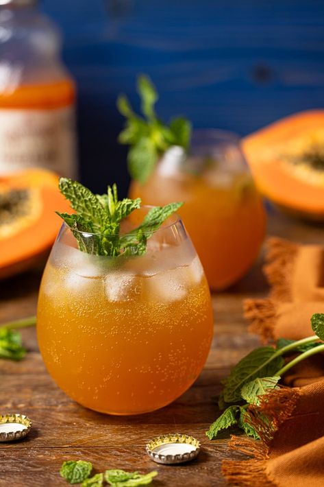 Papaya Mint Julep Mocktail | Orchids + Sweet Tea Hot Teas, Brown Sugar Peaches, Citrus Smoothie, Best Vegan Protein, Mint Simple Syrup, Tropical Twist, Frozen Pineapple, Fresh Mint Leaves, Mocktail Recipe