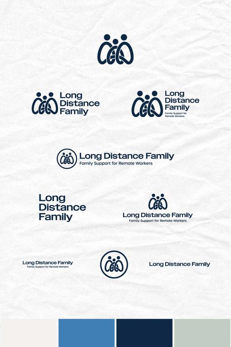 Logo suite for a brand development project for Long-Distance Family - a company offering family support and resources for remote workers. Logomark, wordmark, primary logo, secondary logo, horizontal logo, tagline. Professional, mature, modern, clean, crisp, established, recognizable, distinctive, distinguished. Welcoming, friendly, caring, compassionate, family, connection. Cool, crisp, trendy colors. Long Wordmark Logo, Long Name Branding, Long Logo Design Typography, Horizontal Logo Design, Primary And Secondary Logo, Logo Suite Design, Family Logo Ideas, Logo Variations Branding, Long Name Logo