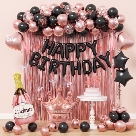 PRICES MAY VARY. What You Receive:Our black and rose gold birthday decorations includes 10inch metallic rose gold balloonsx25, 10inch black balloonsx25, 12inch rose gold confetti balloonsx6, cake topperx1, butterfly party decorationsx12(goldx6, silverx6), happy birthday balloonsrx1, fringe curtainx2, foil balloonx6, ribbonx1, glue dotsx100, decorative stripx1 All Inclusive Birthday Decorations:The black and rose gold happy birthday decor is an all inclusive package featuring balloons, happy birt 50th Birthday Women Decorations, 30 Th Birthday Party Ideas For Women Decoration, Birthday Theme Ideas For Women, Black And Rose Gold Party Decorations, 39th Birthday Ideas For Women, Birthday Decoration Ideas For Women, Rose Gold And Black Party Theme, Happy Birthday Balloons Decorations, Rose Gold Theme Party