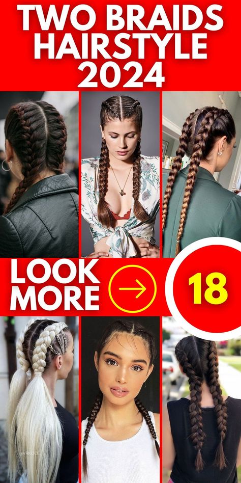 Half-down two braids hairstyles offer a delightful blend of elegance and ease in 2024. This versatile style lets you enjoy the best of both worlds, with half of your hair elegantly secured in braids while the remaining section flows freely. It's an adaptable option that complements a wide range of outfits and occasions, making it a go-to choice for those who value versatility in their hairstyles. Two Braids With Hair Down, Two Braids Hairstyle, Goddess Braids Natural Hair, Two Braids Style, Two Braids Hairstyles, Aesthetic Braids, Hairstyle 2024, Quick Braids, Two Braid Hairstyles