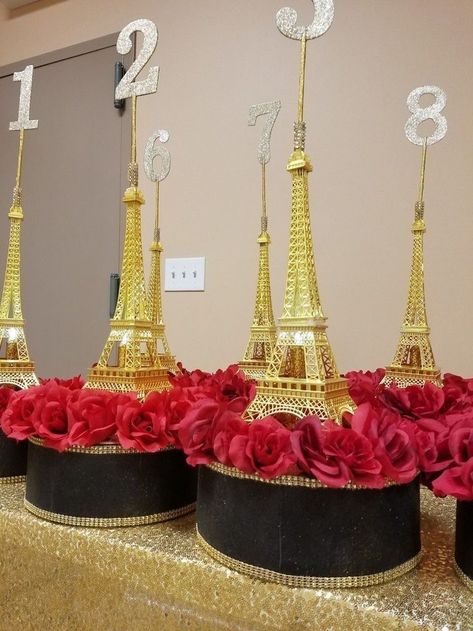 Paris Centerpieces, Paris Theme Centerpieces, Paris Quinceanera Theme, Paris Prom Theme, Paris Theme Party Decorations, Bolo Paris, Paris Party Decorations, Theme Dinners, Paris Sweet 16