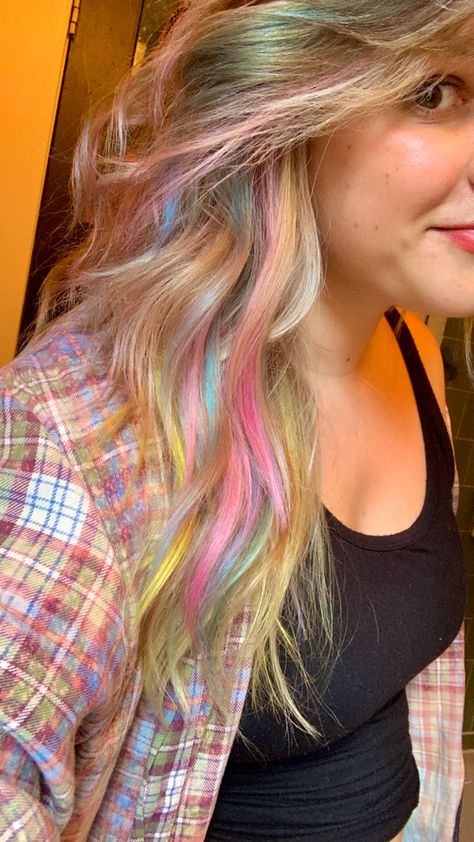 gorgeous pastel highlights in blue yellow and pink on long blonde hair! by courntey ar bloom salon in highland park los angeles pastel pink blue yellow hair color | trendy rainbow fashion colorful highlights blonde long hair inspo 2022 wolf cut long shag layered haircut hair color colour Pink Hair With Rainbow Highlights, Layered Rainbow Hair, Blonde With Colorful Highlights, Blonde Hair Rainbow Highlights, Rainbow Blonde Hair, Blonde With Rainbow Highlights, Pastel Highlights In Blonde Hair, Pastel Rainbow Highlights, Hair Inspo 2022