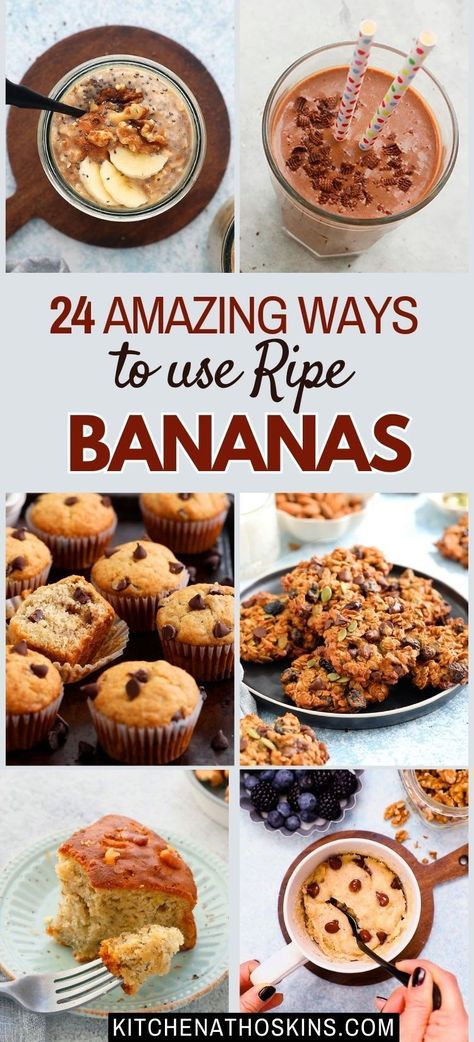 Discover a collection of delicious banana recipes that are easy and the best way to use the ripe bananas sitting in your kitchen counter. If you are wondering what to do with overripe bananas, then you will find ideas like banana waffles, bread, muffins and the most amazing banana walnut cake made in the oven or air fryer. Banana Recipes 2 Bananas, Over Ripe Banana Recipe, What To Bake With Ripe Bananas, What To Make With Ripe Bananas Healthy, Using Ripe Bananas Recipes, What To Do With Ripe Bananas Easy, 5 Banana Recipes, Ways To Use Old Bananas, Very Ripe Banana Recipes