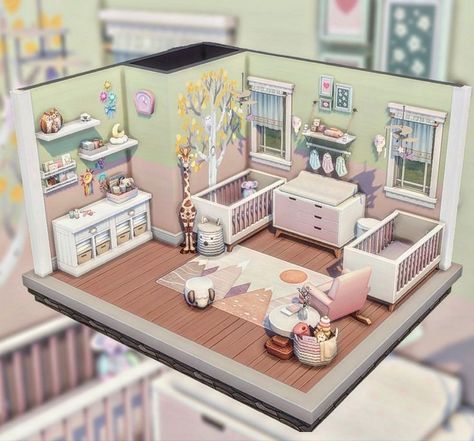 Sims 3 Decorating Ideas, Twin Room Sims 4, Sims 4 Houses For Family, Sims Nursery Base Game, Sims Twin Bedroom, Sims 4 Nursery Base Game, Sims 4 Backstory Ideas, The Sims 4 Twins Bedroom, Bloxburg Nursery Ideas Twins