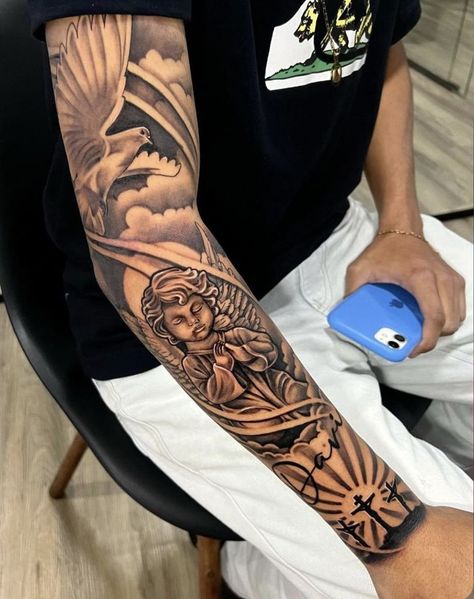 Memorial Bicep Tattoo Men, Religious Sleeve Tattoo Men, Loved One Tattoo Passed Sleeve, Tattoo Zodiac Leo, Religious Forearm Tattoo, Christian Sleeve Tattoo Men, Forearm Tattoo Men Sleeve Clouds, Outer Forearm Tattoo Men Half Sleeves, Religious Sleeve Tattoos