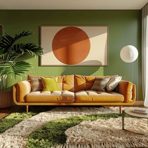 1970s Living Room, 70s Color Palette, 70s Living Room, Mid Century Modern Interior Design, Condo Living Room, Colorful Lamps, Wall Art Ideas, Monochromatic Color Scheme, Color Guide