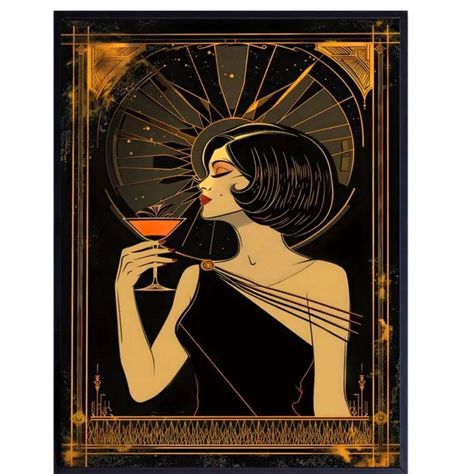 Art Canvas Art Deco Retro Cocktail 1920’s Lady Art Print Unframed 16 X 24in Black Brown Canvas Only You Frame Art Deco Room Ideas, Powder Room Wall Art, 1920 Decor, Art Deco Advertising, Art Deco Design Graphics, 20s Style, Art Deco Wall Art, Art Deco Living Room, Lady Art