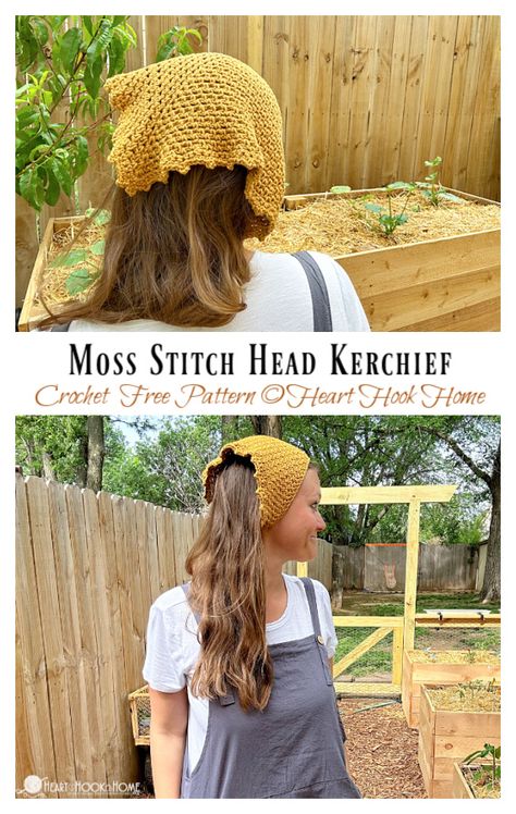 Moss Stitch Head Kerchief Crochet Free Pattern Crochet Head Kerchief Free Pattern, Crochet Kerchief Pattern Free, Kerchief Pattern, Head Kerchief, Crochet Kerchief, Crochet Freeform, Stitch Head, Crochet Headbands, Moss Stitch