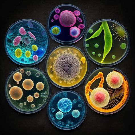 Photo a group of round plates with diffe... | Premium Photo #Freepik #photo #genome #biology #cell #cell-biology Cells Aesthetic, Cell Biology Art, Medical Portfolio, Cell Pictures, Biology Images, Biology Cell, Folder Ideas, Science Cells, Human Biology