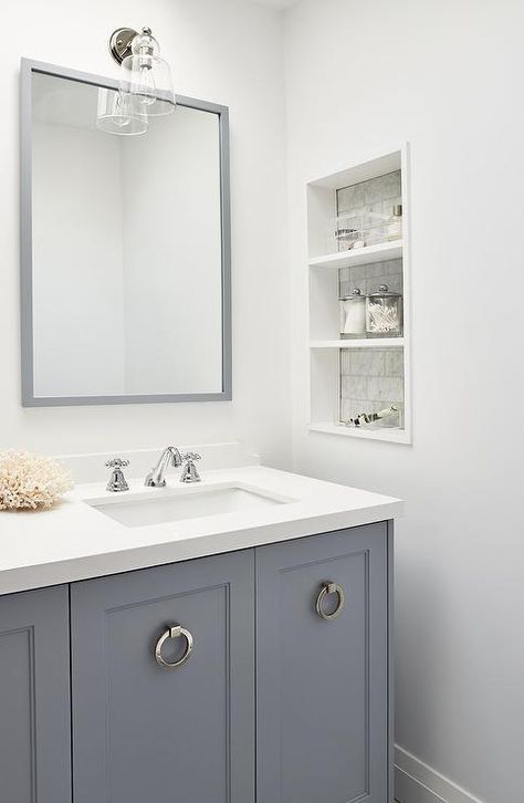 Recessed Shelves Bathroom, White Subway Tile Shower, Niche Shelves, Bathroom Feature Wall, Bathroom Niche, Recessed Shelves, Gray And White Bathroom, Concrete Bathroom, Wall Niche